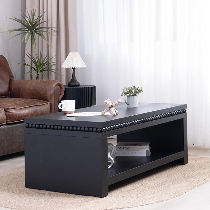 Rectangular Coffee Table with Real Wood Beads, Rustic Wooden Center Table with Open Storage Shelf, Farmhouse Tea Table for Living Room Apartment Office,47.6" L x 23.7" W x 18" H