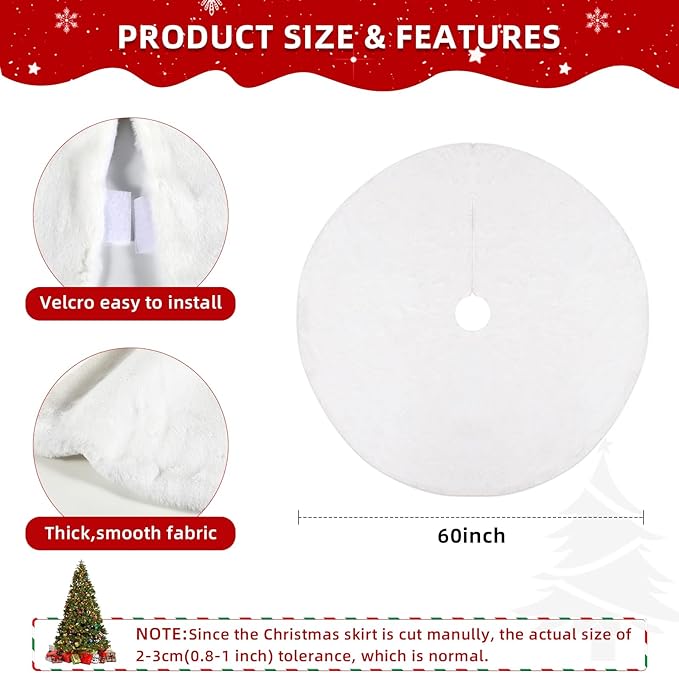 60 Inch Christmas Tree Skirt - Vonhen Extra Larger Thick Faux Fur Tree Skirt White Plush Skirt for Merry Chtistmas Party Christmas Tree Decoration