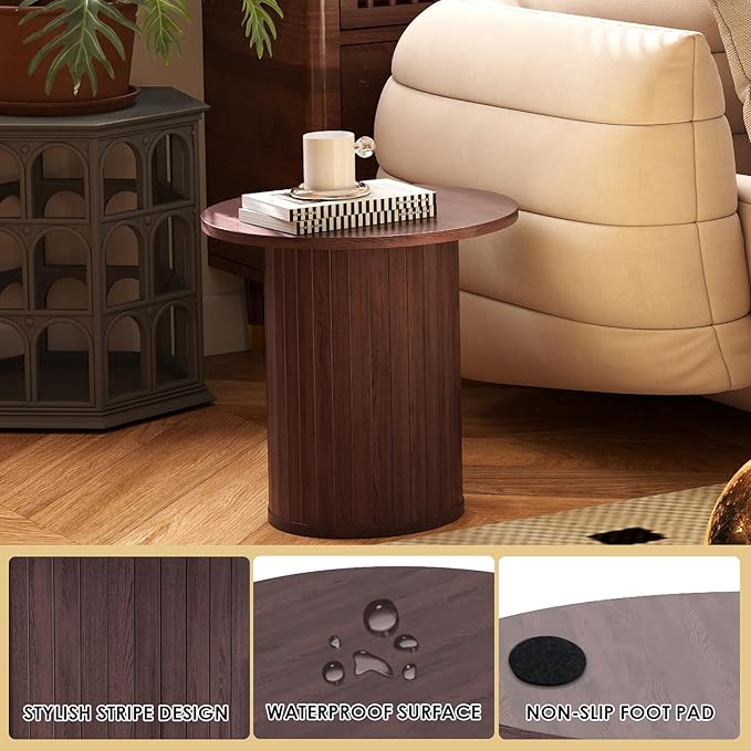 COSVALVE Round Wood Fluted End Table, 15.7“ Circle Farmhouse Side Table Sets for Living Room, Bedroom, Balcony, Small Spaces, Walnut