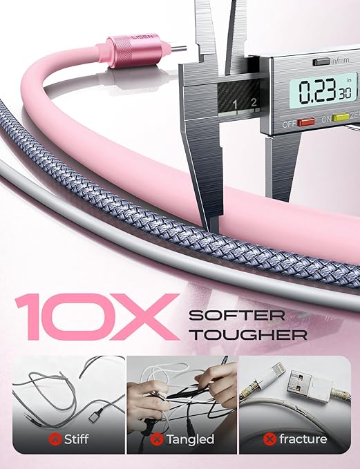 LISEN for iPhone Air 17 Charger Cord USB Cable 10FT, Chubby 100W Soft Silicone USB C to USB C Fast Charging Cable, Long USBC to USBC for iPhone 17 16 15, Samsung S25, MacBook Pro/Air, iPad, Pink