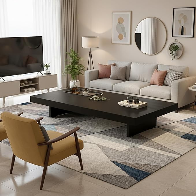 Modern Rectangular Coffee Table for Living Room, Low Profile Wood Center Table with 2" Thick Tabletop & Optional Storage Tray, Sturdy Minimalist Design (31.5"/39.4" Black/Walnut)