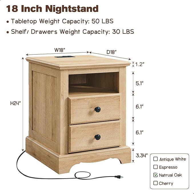 T4TREAM Nightstand with Charging Station Set of 2, Wood Rustic Sofa Side Table with Open Storage Shelf for Bedroom, 18 Inch Vintage End Table with 2 Drawers for Living Room, Natural Oak