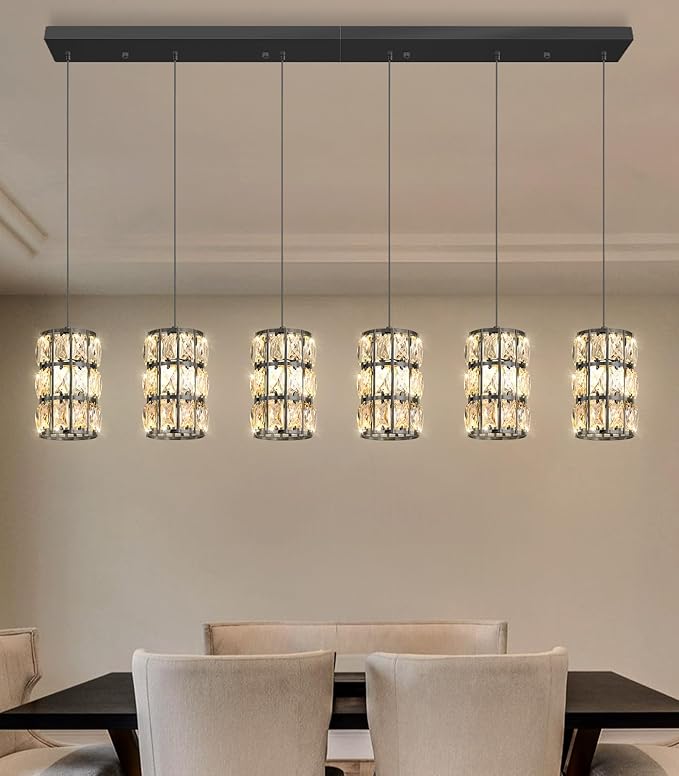 6-Lights Rectangle Modern Crystal Pendant Lights for Kitchen Island LED Dimmable Glam Pendant Lighting Chandelier for Dining Room Hallway Corner Lamp Black