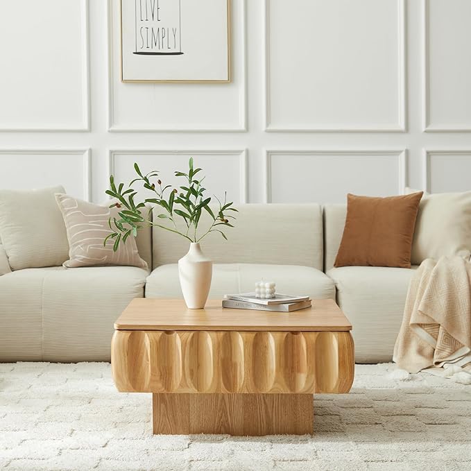 LKTART 31" Lift Top Coffee Table for Living Room, Fluted Coffee Table with Hidden Storage, Mid Century Modern Solid Wood Veneer Square Center Table for Office Apartment Small Space, Natural