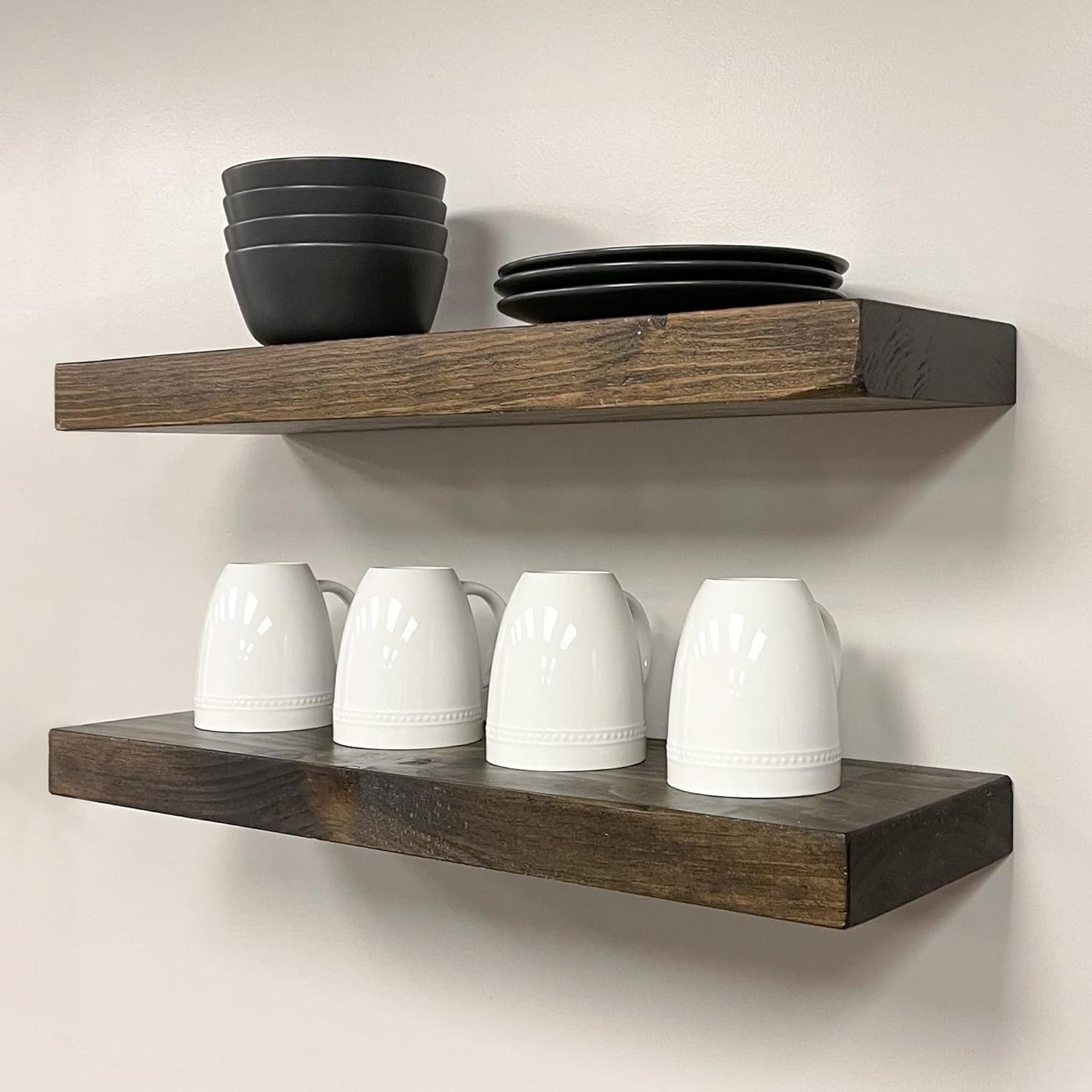 URBANDI, Rustic Floating Shelves, Set of 2, Hidden Bracket, Solid Wood, Heavy Duty, Wall Mounted Shelves, (Dark Brown, 24Wx10D)