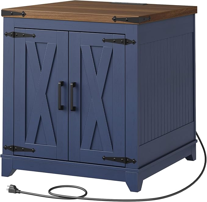 Farmhouse End Tables Living Room, Large End Table with Charging Station, Square Sofa Side Table with Adjustable Shelf and Barn Door, Wooden Nightstand for Bedroom, Ink Blue and Walnut