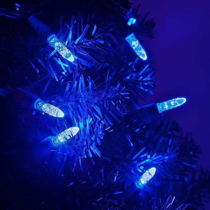 M5 LED Mini Ice Blue Prelamped Light Set, Green Wire - 70 M5 Blue LED Christmas Lights, 4" Spacing