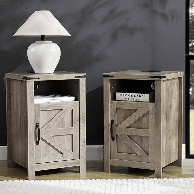 Grey Farmhouse Nightstand Set of 2, Rustic End Table with Barn Door and Shelf, Bedside Table with Charging Station for Living Room, Bedroom