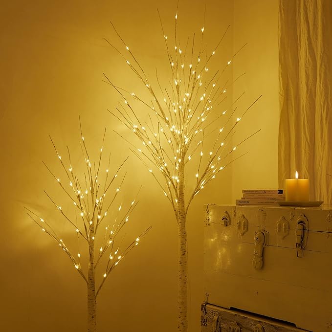Outdoor Christmas Decoration Lighted Birch Tree, 3 Packs LED Prelit Light up Tree with Burlap Decor, Warm White, Power Supply by Adaptor, Xmas New Year Indoor&Outdoor Decor(4FT&5FT&6FT)