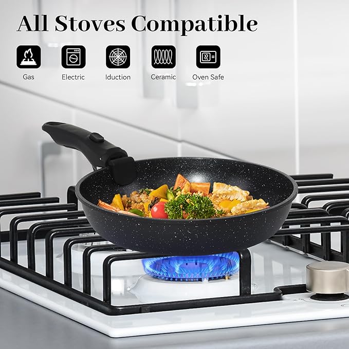 5PCS Pots and Pans Set Non Stick, Kitchen Cookware Sets with Detachable Handle, Ceramic Cookware Sets, Non Stick RV Cookware Cooking Set, Dishwasher ＆ Oven Safe, PFOA Free, Black