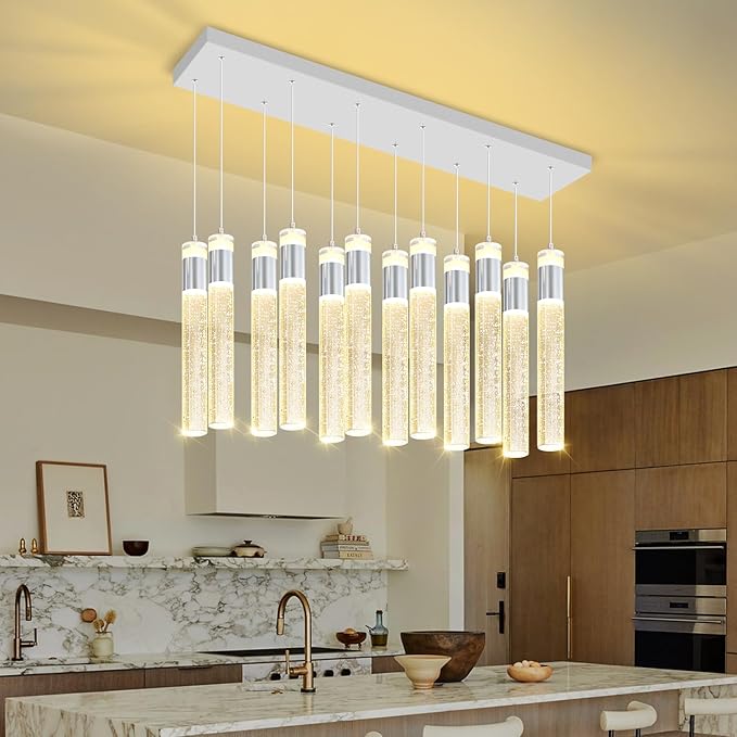 Glam Rectangular Crystal Column Chandelier for High Ceiling 12-Lights Silver LED Dimmable Pendant Light for Kitchen Island Dining Room Entrance Foyer Living Room Adjustable Height
