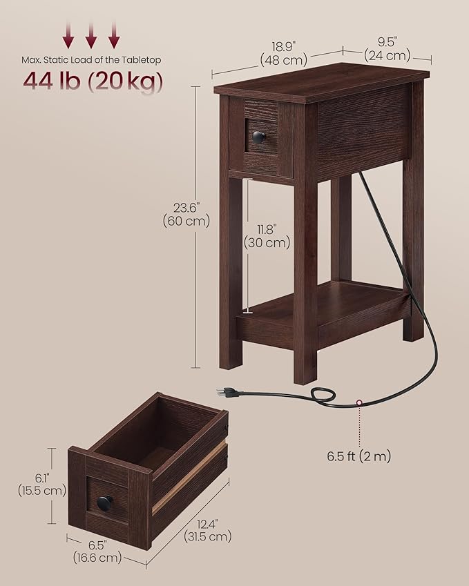 VASAGLE Farmhouse End Table with Storage Drawer, Narrow Side Table with Charging Station, Nightstand, Easy Assembly, for Living Room, Bedroom, Saddle Brown ULET328K01