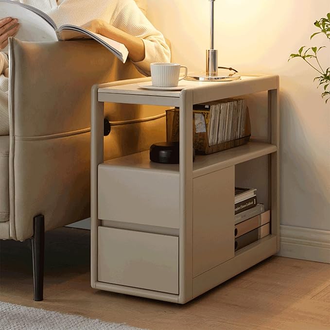 100% Solid Wood Side Table with Wheels, Narrow Side Table with Storage Drawers, Rolling Bedside Table for Bedroom Living Room Space Saving (Gray, 11.81" D x 26.77" W x 23.23" H)