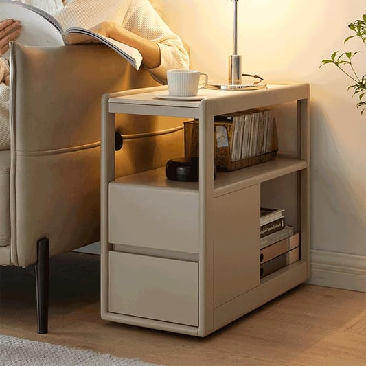 100% Solid Wood Side Table with Wheels, Narrow Side Table with Storage Drawers, Rolling Bedside Table for Bedroom Living Room Space Saving (Gray, 11.81" D x 26.77" W x 23.23" H)