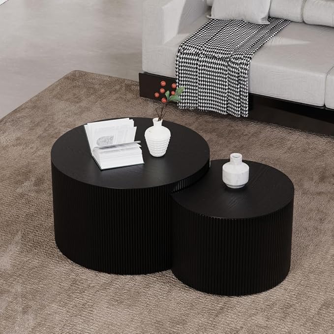 Modern Round Nesting Coffee Table Round Black Fluted Coffee Tables Set of 2 Drum Crescent Side Table Accent End Tables for Living Room, No Assembly Required,Black