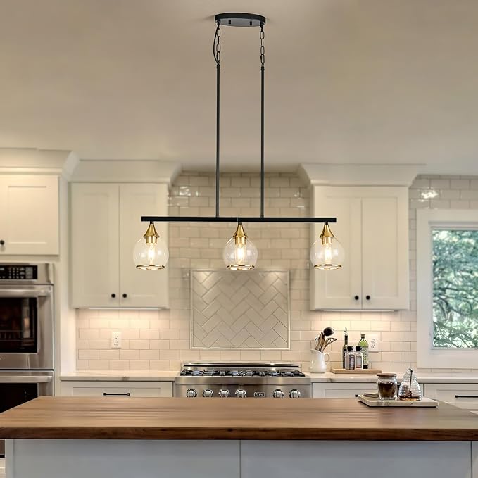 Island Light for Kitchen, 3-Light Black and Gold Kitchen Island Farmhouse Linear Hanging Pendant Chandeliers, Matte Black Dining Room Light Fixture Over Table with Clear Round Glass Shades