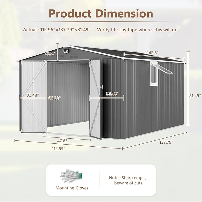 10x12 FT Outdoor Storage Shed, Metal Sheds & Outdoor Storage, Waterproof Sheds with Lockable Doors for Backyard (Black, with Window)