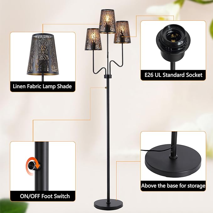 9MMML 3-Light Black Dimmable Floor Lamp for Living Room Bedroom 68'' Tall Standing Lamp with Metal Hollow Shades, 3 x E26 LED Bulb Included