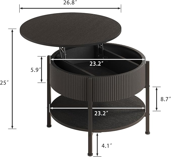 Round Coffee Table, Fluted Lift Top Coffee Table with Hidden Compartment and Open Shelf, 26.77” Small Central Table for Living Room, Home Small Space, Mid-Century Black