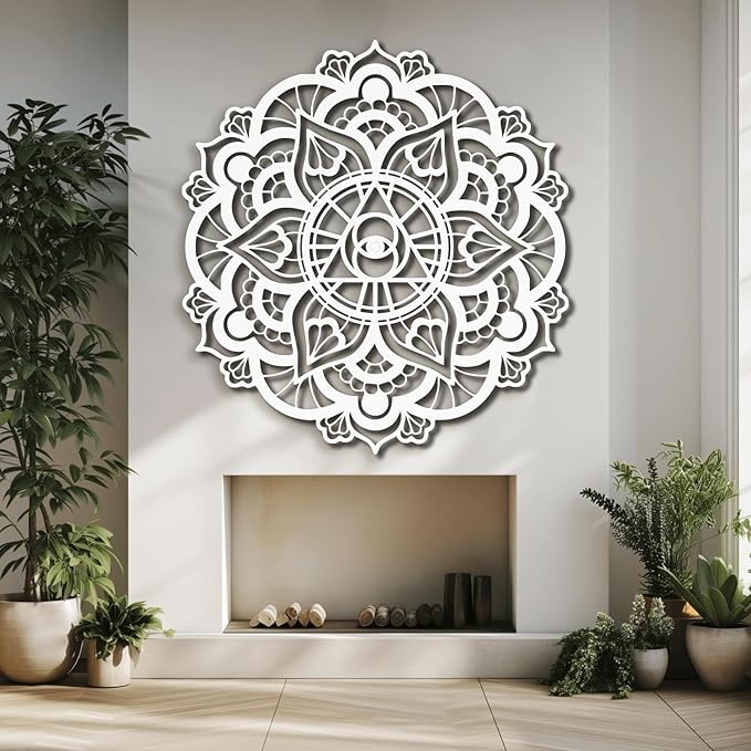 Mandala Eye of Providence Metal Wall Art Sacred Geometry Design, Black and White Abstract Geometric Wall Sculpture for Living Room, Office, Meditation Room (White, 24" x 24" / 60 x 60 cm)