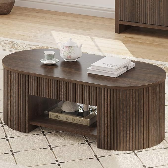 FATORRI Coffee Table with Storage, Mid Century Modern Wood Fluted Center Table with Shelf, Oval Coffee Tables with Drawer (Dark Walnut, 43.31 Inch)