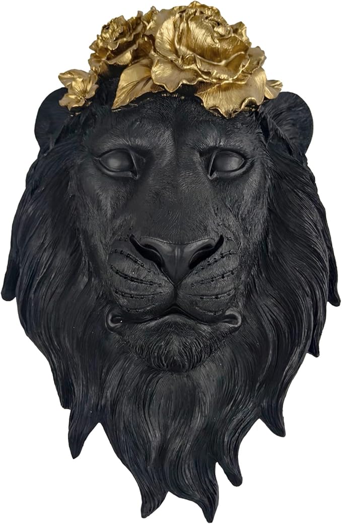 GUSFREUD Black Lion Animal Head Wall Decor – Resin Lion Wall Sculpture, Vintage Black Wall Art for Living Room, Bedroom, Office, Maximalist Home Decor