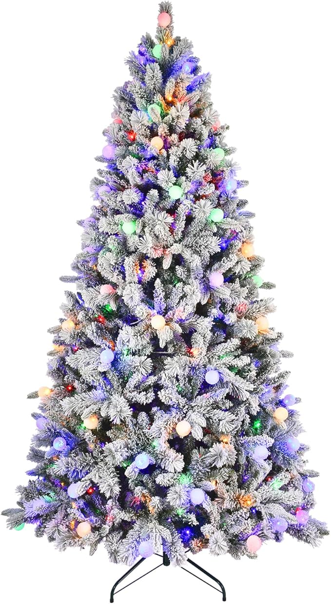Christmas Decorations Tree, 8FT Prelit Flocked Christmas Tree with Warm White & Multi-Color Lights,Premium Artificial Flocked Trees Full Branch Tips,First Choice Decorations for Xmas