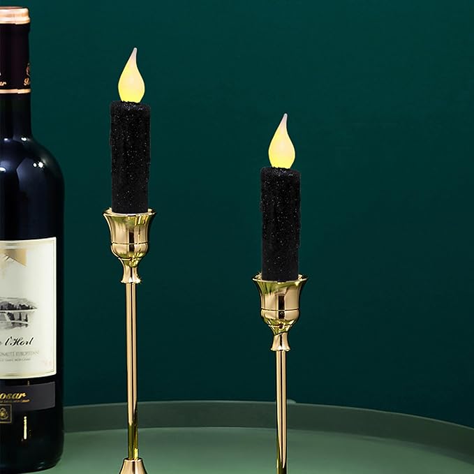 CVHOMEDECO. Glitter Flameless Candles Flickering Battery Operated LED Taper Candles with Timer for Home, Wedding, Halloween, Christmas Decor. Black, 4-3/4 Inch, Set of 2