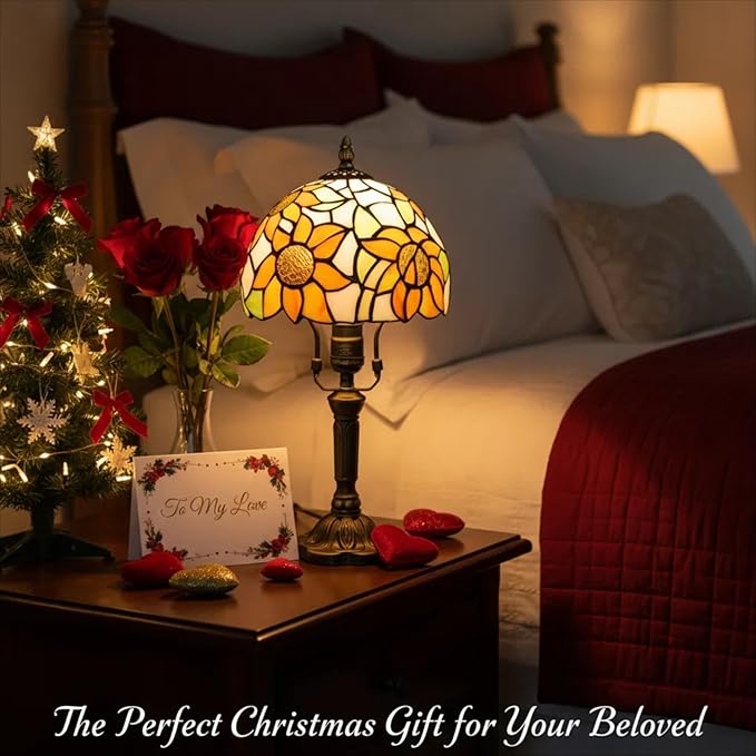 Tiffany Lamp Stained Glass 3 Way Table Lamp,Yellow Sunflower Bedside Table Lamp LED E26 Bulb, for Bedroom Living Room,Included 3 Way LED Bulb