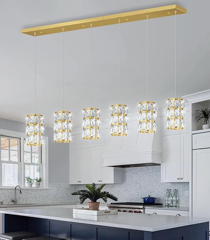 6-Lights Rectangle Modern Crystal Pendant Lights for Kitchen Island LED Dimmable Glam Pendant Lighting Chandelier for Dining Room Hallway Corner Lamp Gold