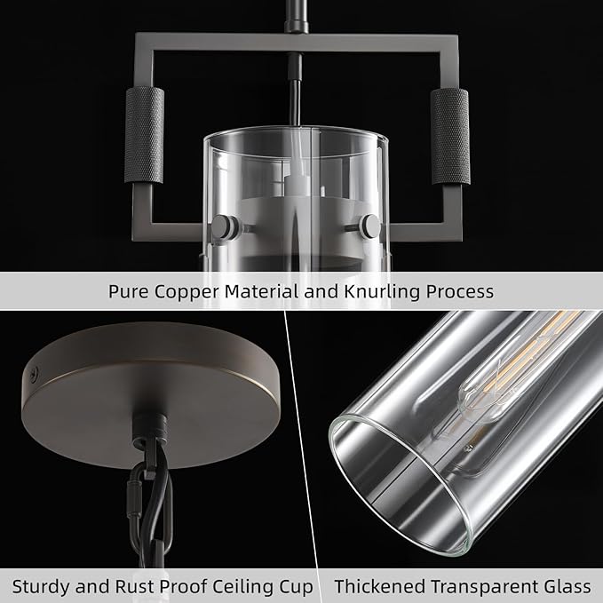 Matte Black Glass Pendant Light: Modern Knurled Brass Pendant Lights Kitchen Island - Contemporary Hanging Light Fixtures with Long Tube - Cylinder Pendants Lighting over Table for Kitchen Bathroom