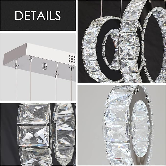 Buccleuch 5-Ring Crystal Chandelier, Height Adjustable UL-Certified Dimmable LED Pendant Light, Stainless Steel K9 Crystal Ceiling Light for Dining Room Living Room Bedroom, 6000K 4400lm