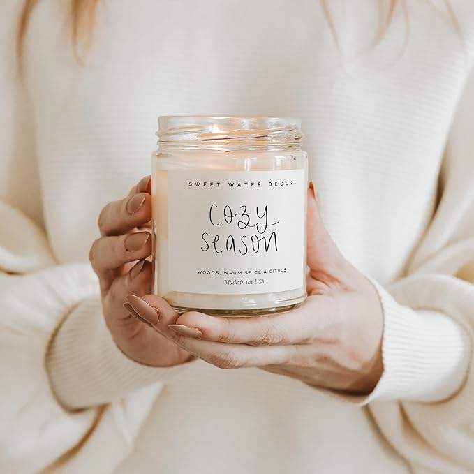 Sweet Water Decor Cozy Season Candle - Woods, Warm Spice, and Citrus Autumn Scented Soy Candles for Home - 9oz Clear Jar, 40 Hour Burn Time, Made in The USA