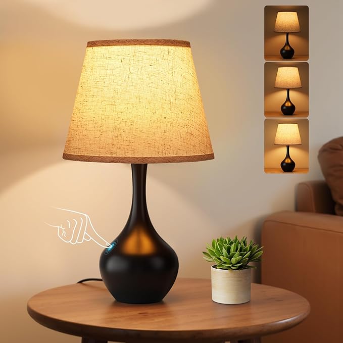 Seealle 16.1" Touch Table Lamps for Nightstand, 3-Way Dimmable Small Bedroom Lamps for Night Stands, Black Bedside Lamps for Living Room, Kids Room, End Table
