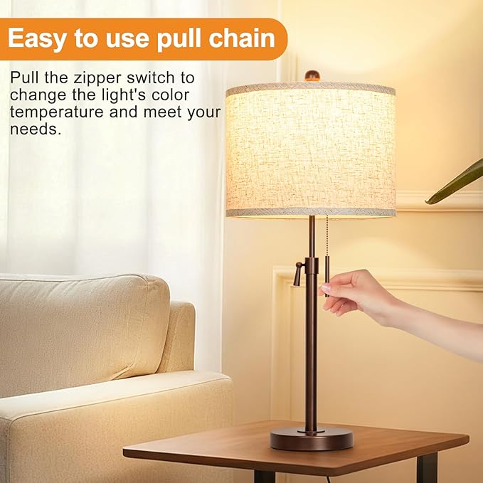 Table Lamps for Bedrooms Set of 2, 22" to 30" Height Adjustable Nightstand Lamps with Linen Shade, Pull Chain Switch Lamps for Living Room, 3 Way Dimmable Beside Lamp