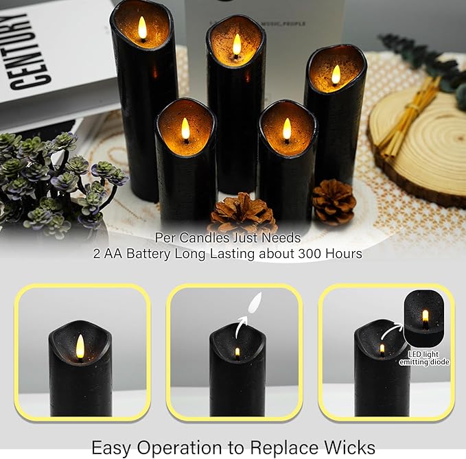 Flickering Flameless Candles with Remote Control and Timer Set of 5 Pc Real Wax LED Pillar Candles, Battery Operated Candles（D2.2×H5/5.5"/6"/7"/8"） Home Decor Flameless Candles（Black）