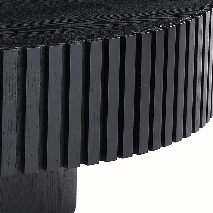 31.49" Black Round Coffee Table for Living Room Modern Wood Fluted Coffee Table with Pedestal Base Circle Accent Table for Apartment Easy Assembly (Watt Black,Round+Ø31.49"x13.97")