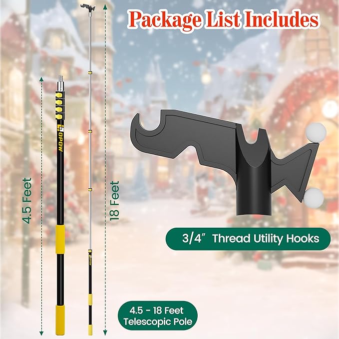 5-18 FT Christmas Light Telescopic Hanger Pole with Utility Hook, Stand Reach 30 Feet Long 3/4 inch Threaded Pole Reaching High Place for Hanging and Installation Lights String, Clothes and Birdfeeder