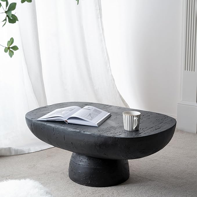 Oval Coffee Table Modern Faux Stone Circle Center Table Accent End Side Table for Living Room, Magnesium Oxide, 36" Black