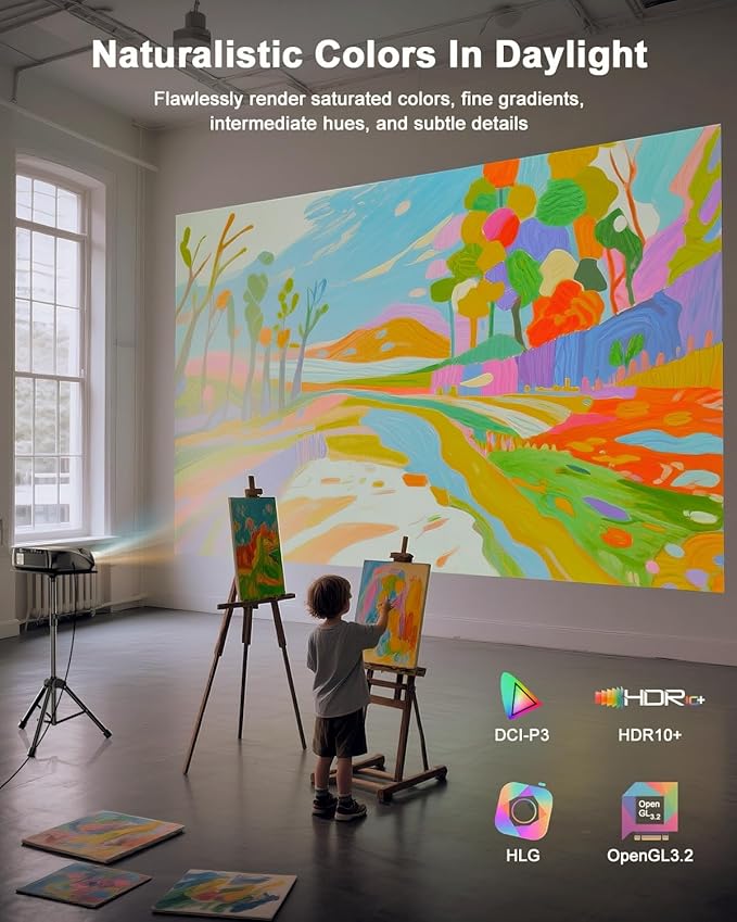 High Bright Projector 1800 ANSI Lumens, HDR10+, 4K Support, WiFi6 & Bluetooth, Smart Android TV with Apps, HDMI/ USB, for Daylight Viewing, Low Input Lag Gaming, Silent Bedroom, Wireless Presentation