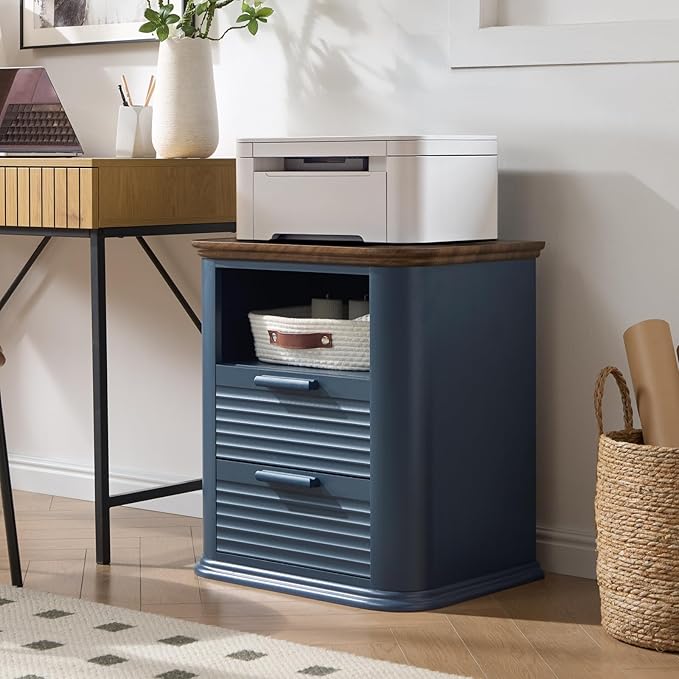 Okvnbjk 22" Fluted Nightstand with Charging Station, Modern End Table with 2 Drawers & Open Storage, Stylish Bedside Table for Living Room, Bedroom, Side Tables Curved Profile Design, Navy Blue