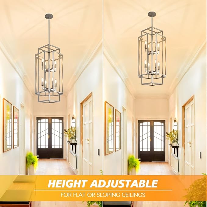 WJShome 31.5" Farmhouse Chandelier, Large Chandeliers for High Ceilings, Modern Foyer Lighting Fixtures, 8-Light Silver Tiered Lantern Pendant Light, for Living Room Staircase Entryway