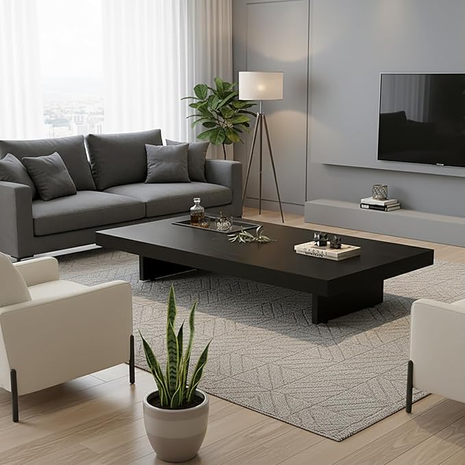 Modern Rectangular Coffee Table for Living Room, Low Profile Wood Center Table with 2" Thick Tabletop & Optional Storage Tray, Sturdy Minimalist Design (31.5"/39.4" Black/Walnut)