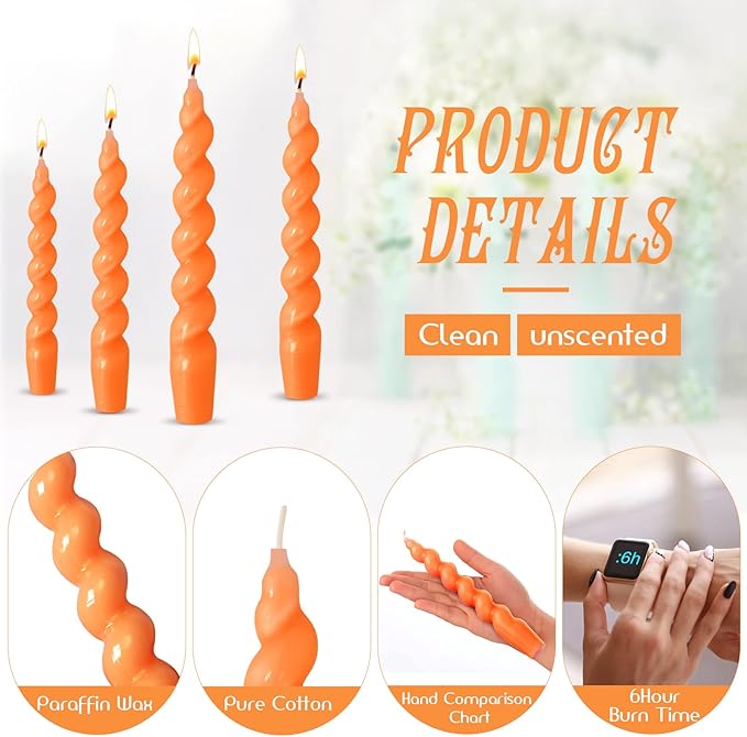 Zhengmy 4 Pcs Orange Spiral Taper Candle 7 Inch Twisted Long Wax Dinner Candlestick for Fall Halloween Christmas Holiday Valentines Wedding Birthday Baby Shower Table Decor(Solid)