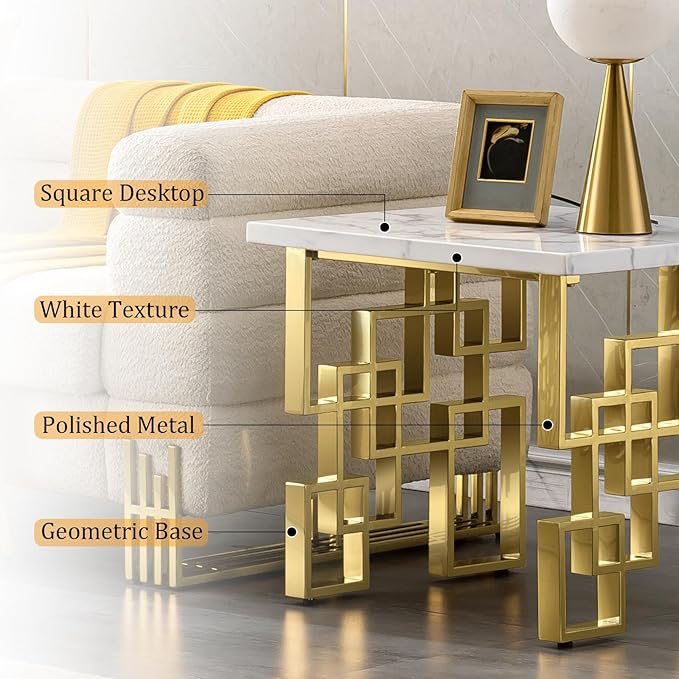 AUZ Gold End Table, Modern Square Living Room Side Table with White Top and Gold Mirrored Metal Geometric Base