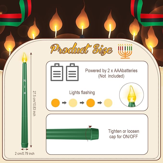Riakrum 7 Pieces Kwanzaa Candles Set Kwanzaa Flameless Taper Candles Battery Operated for Church Celebration Decoration(10.83 Inches,Words)