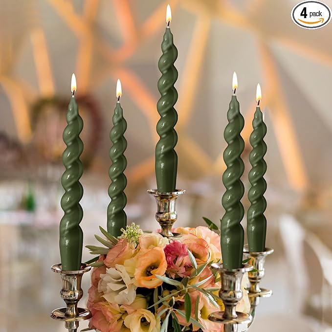 Zhengmy 4 Pcs Olive Green Spiral Taper Candle 7 Inch Twisted Long Wax Dinner Candlestick for Fall Halloween Christmas Holiday Valentines Wedding Birthday Baby Shower Table Decor(Solid)