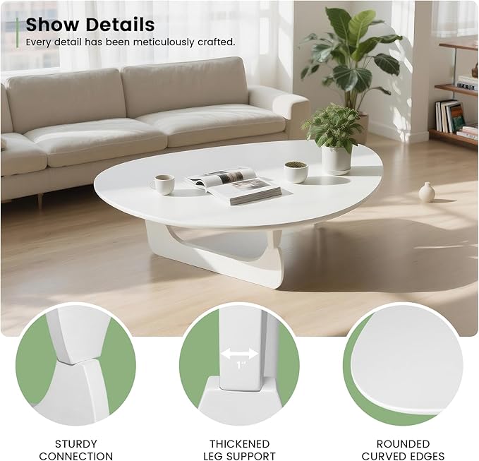 Solid Wooden Modern Triangle Coffee Table: Unique Funky Coffee Tables for Living Room, Oval Mid-Century Irregular Abstract Tea Tables for Patio Office Balcony Bedroom (White, 50" L x 31" W x 16" H)