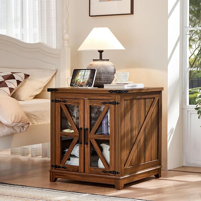 Farmhouse End Table Set of 2,24" Large Sofa Side Table with Charging Station Glass Barn Door,Wood Nightstand with Adjustable Storage Shelf,Square Bedside Table for Living Room,Bedroom,Office-Brown