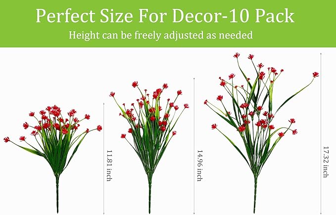 Fake Flowers 10 Bundles Faux Outdoor Plastic Flowers No Fade Artificial Red Shrubs Plants for Hanging Planters Window Box Spring Summer